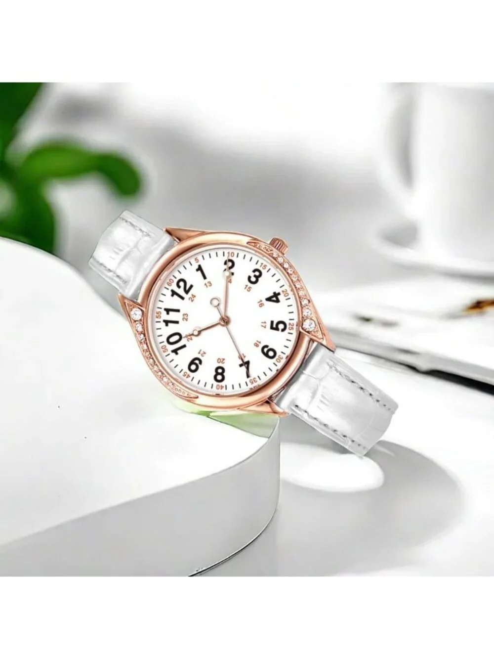 Women's White Analog Quartz Leather Band Crystal Rhinestone Bezel Wrist Watch